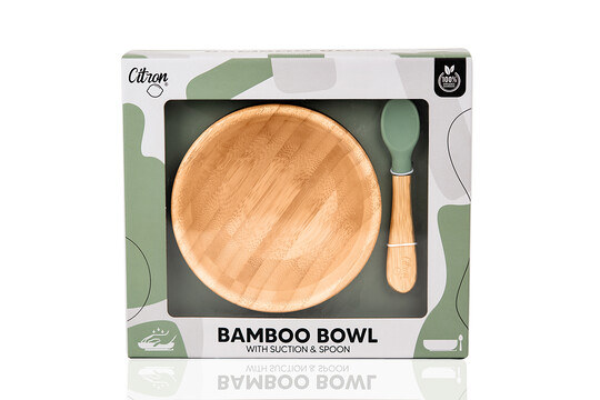 Citron Organic Bamboo Bowl 300ml Suction + Spoon Pastel Green image number 4