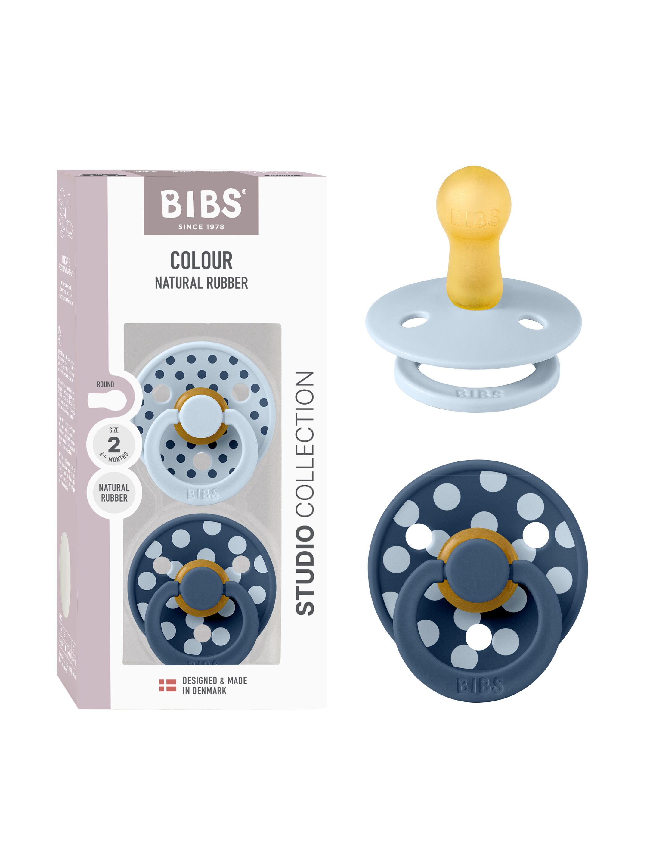 BIBS Pacifier Studio Colour 2 Pack Polka Latex Size 2 Baby Blue Steel Blue image number 1