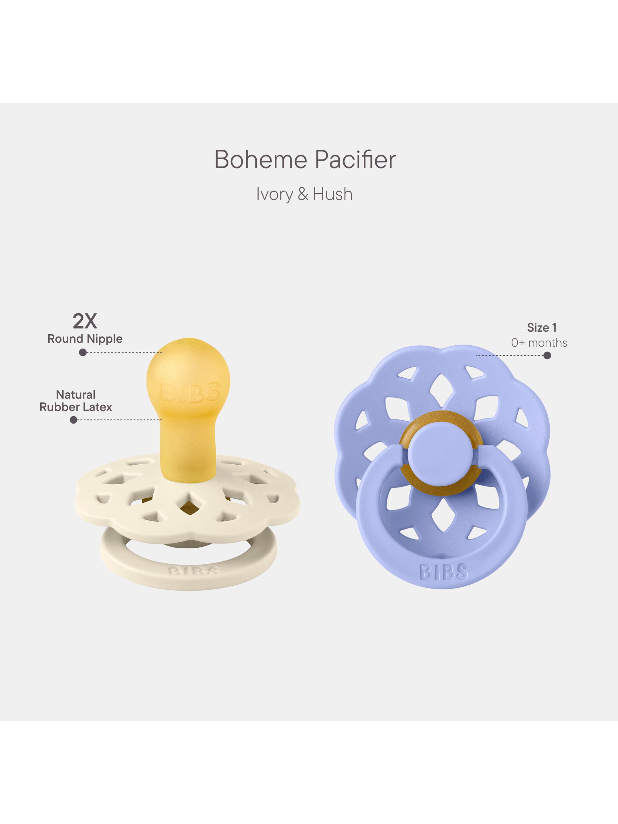 BIBS Pacifier Boheme 2 PACK Latex Size 1 Ivory/Hush image number 2