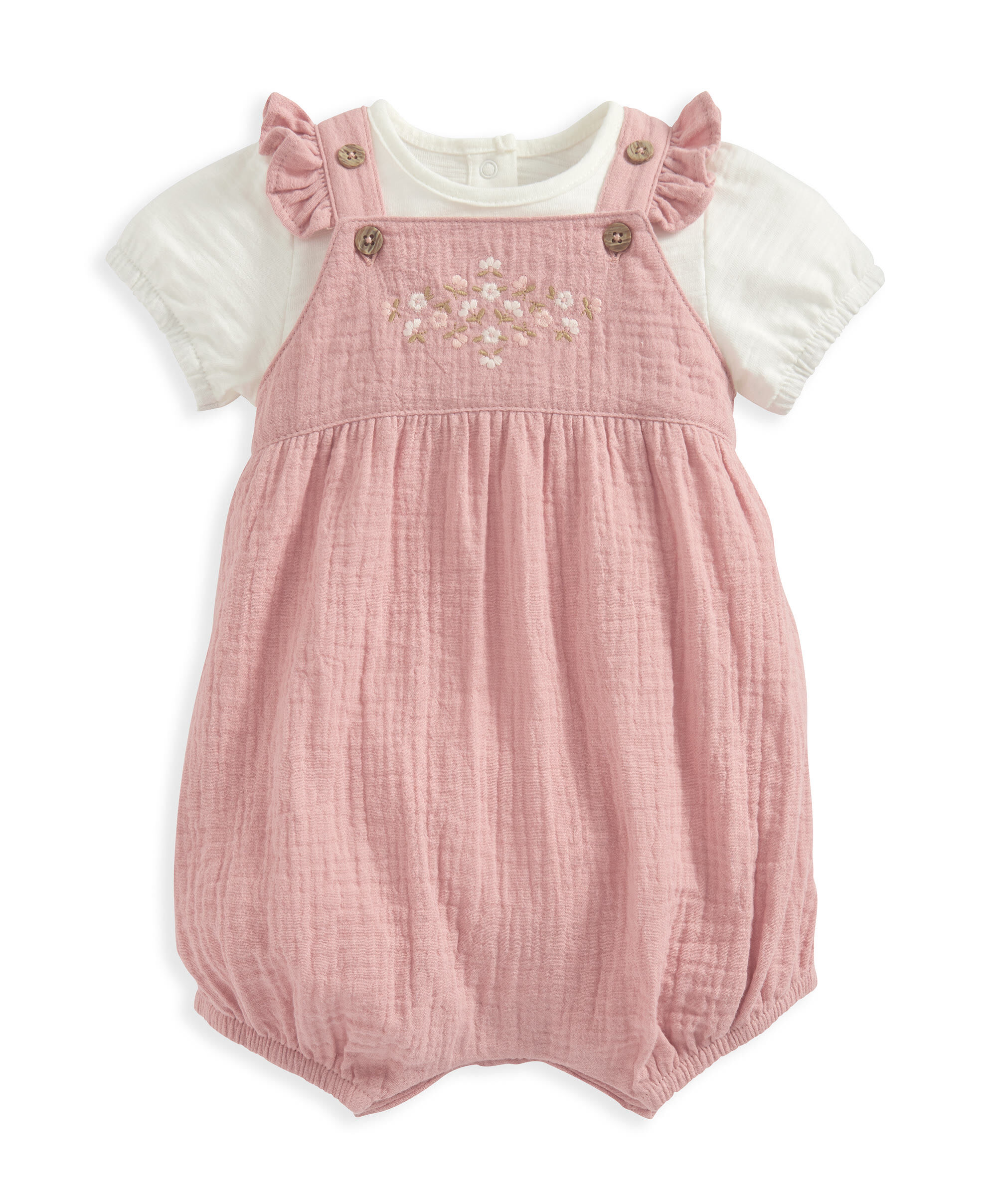 Embroidered Dungarees & Bodysuit Outfit Set - Pink image number 2