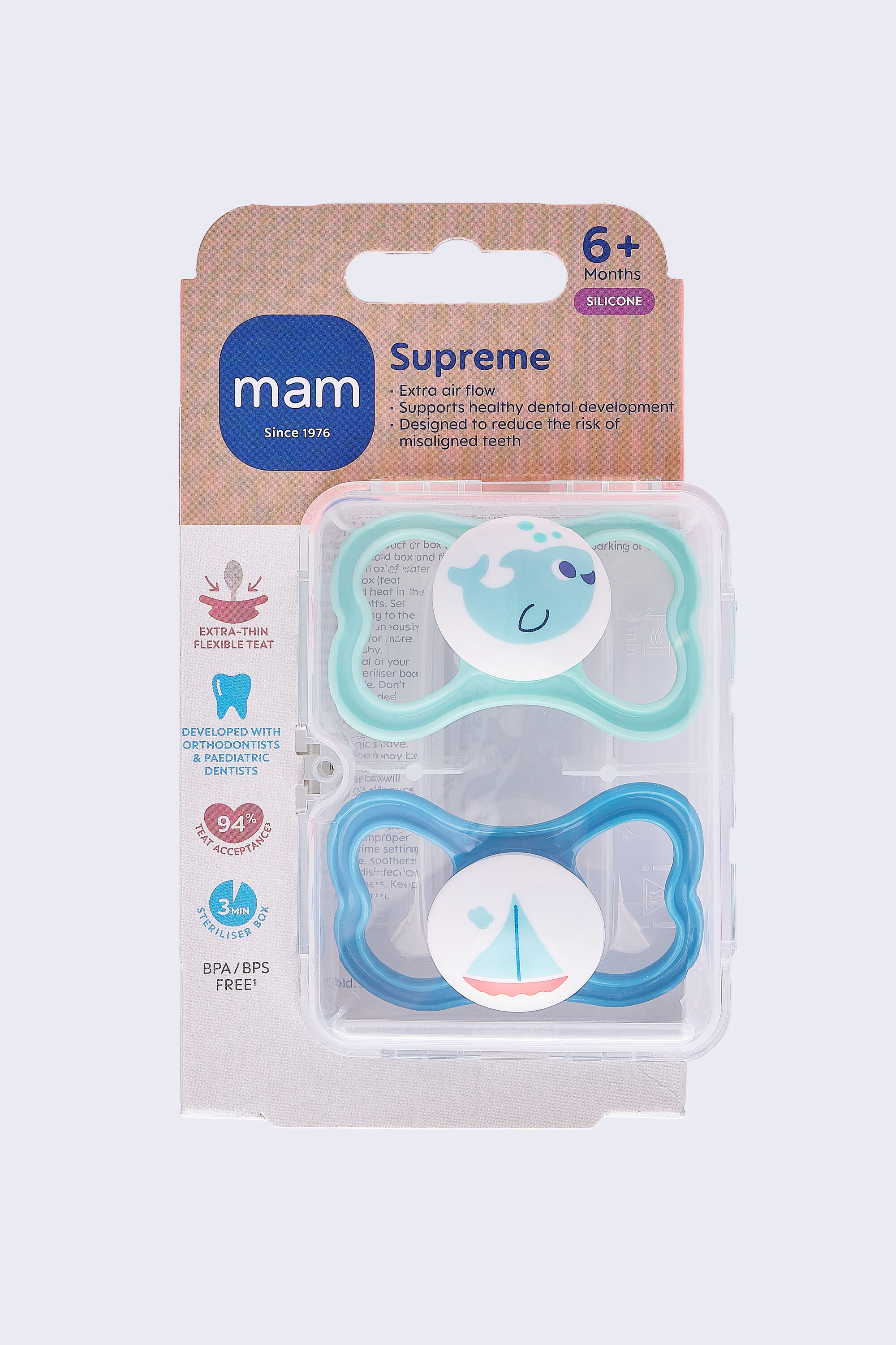 Mam Baby Supreme Silicone Pacifier - 6 M+ | Sealife Green & Blue - Pack of 2 image number 2