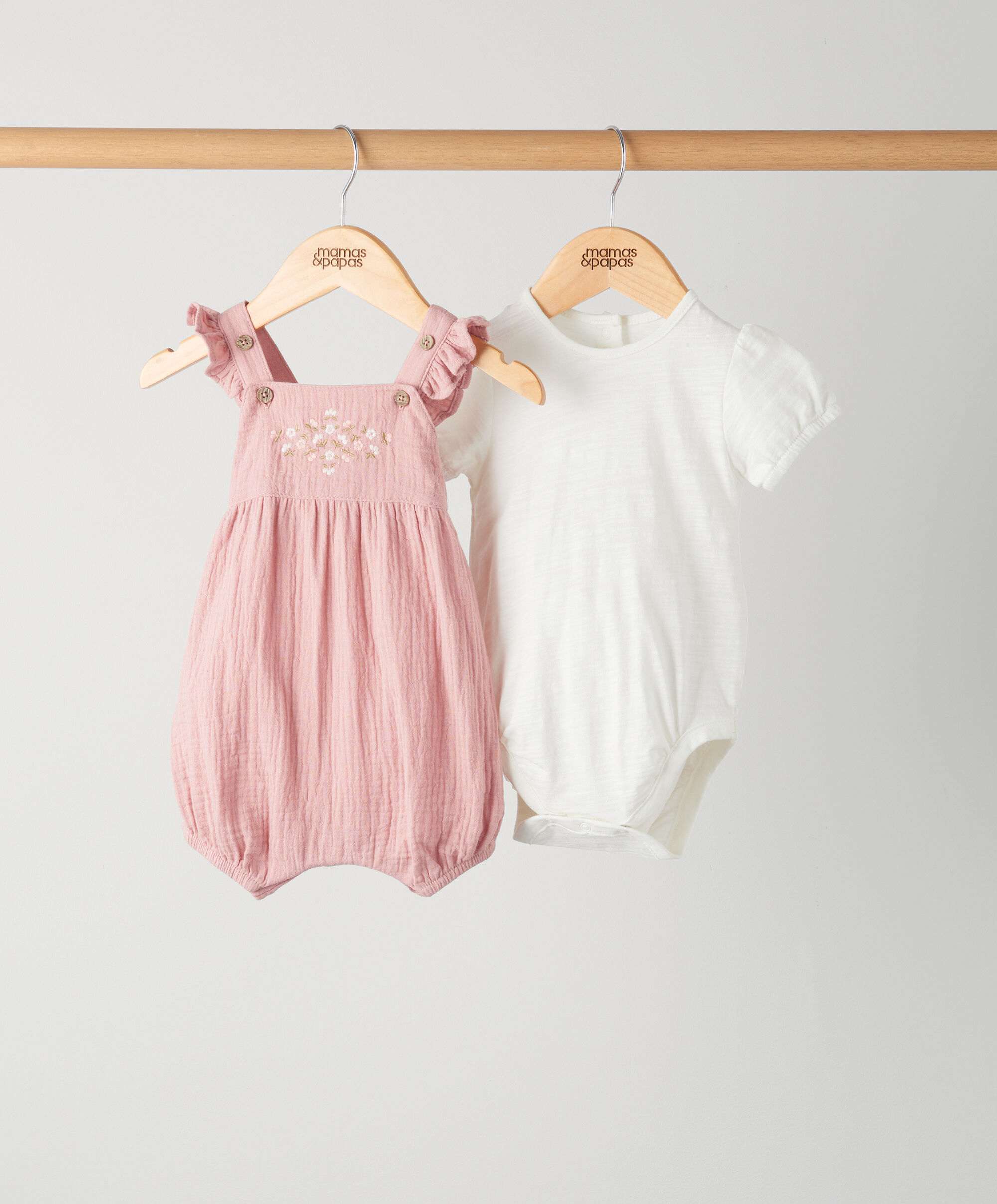 Embroidered Dungarees & Bodysuit Outfit Set - Pink image number 1