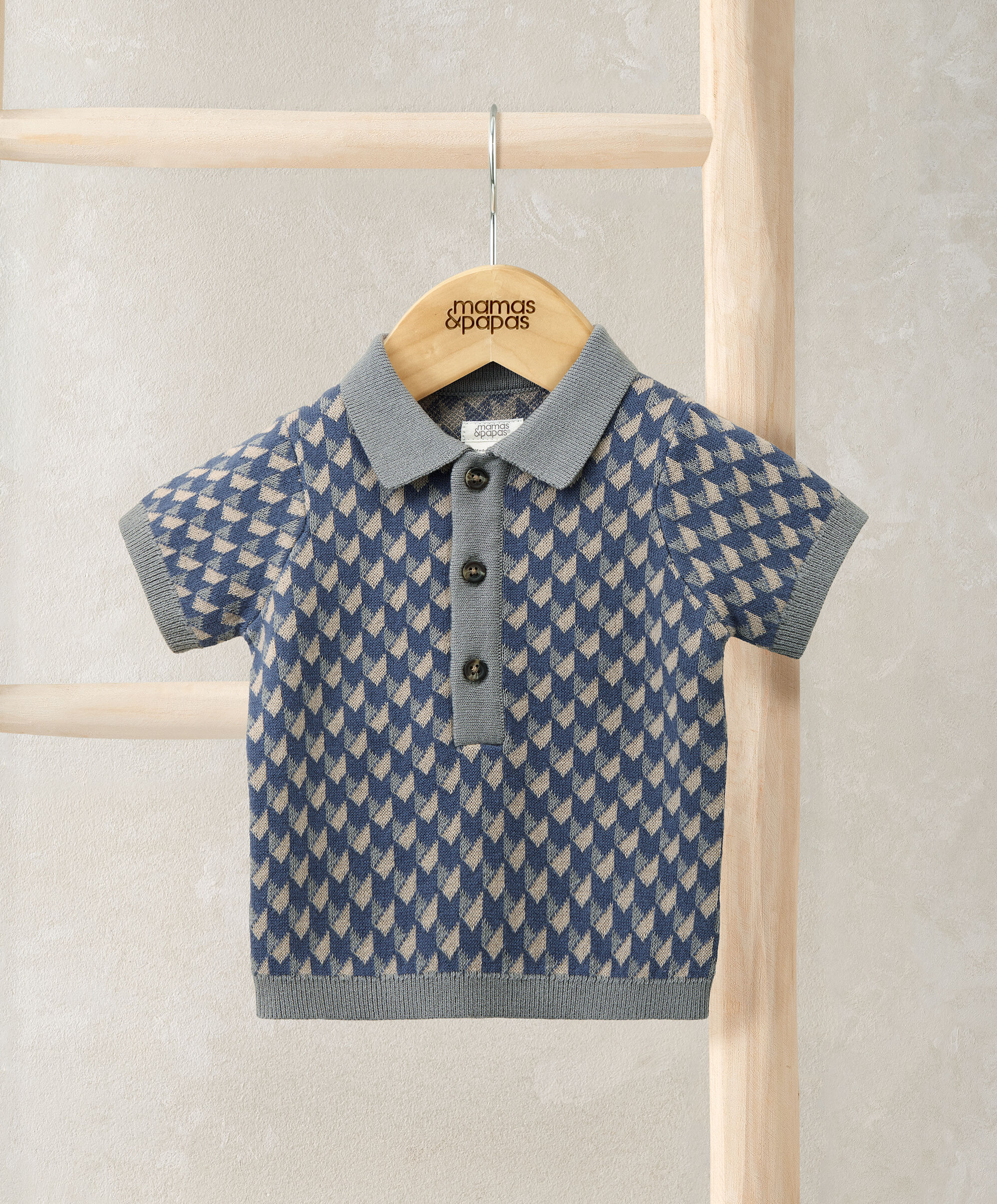 Jacquard Knit Polo Shirt with Button Placket - Blue