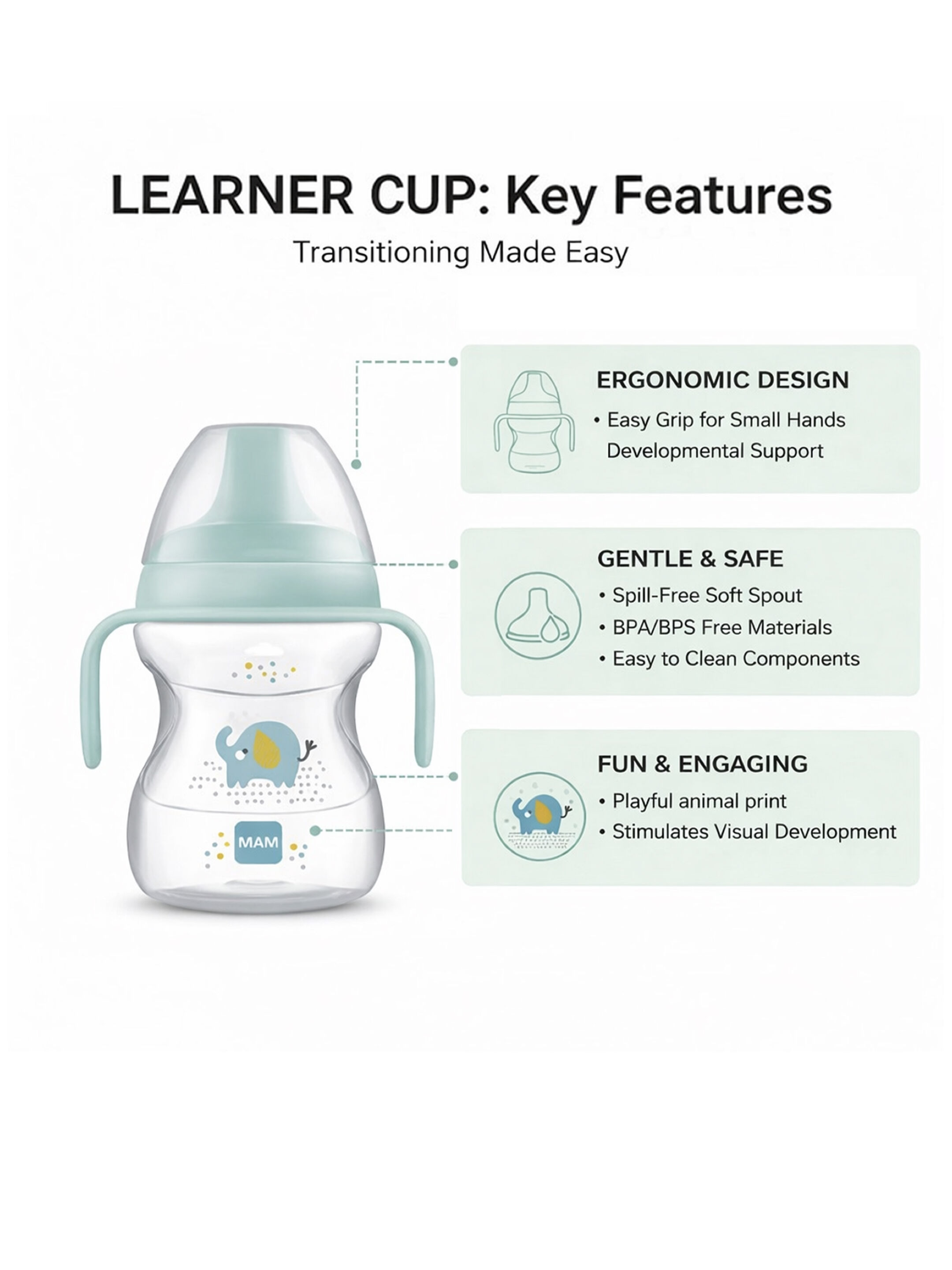 Mam Baby Learn To Drink Cup  Silicone Cup - 6 M+ | Wild Animals, Blue - 190 Ml - Pack of 1 image number 5