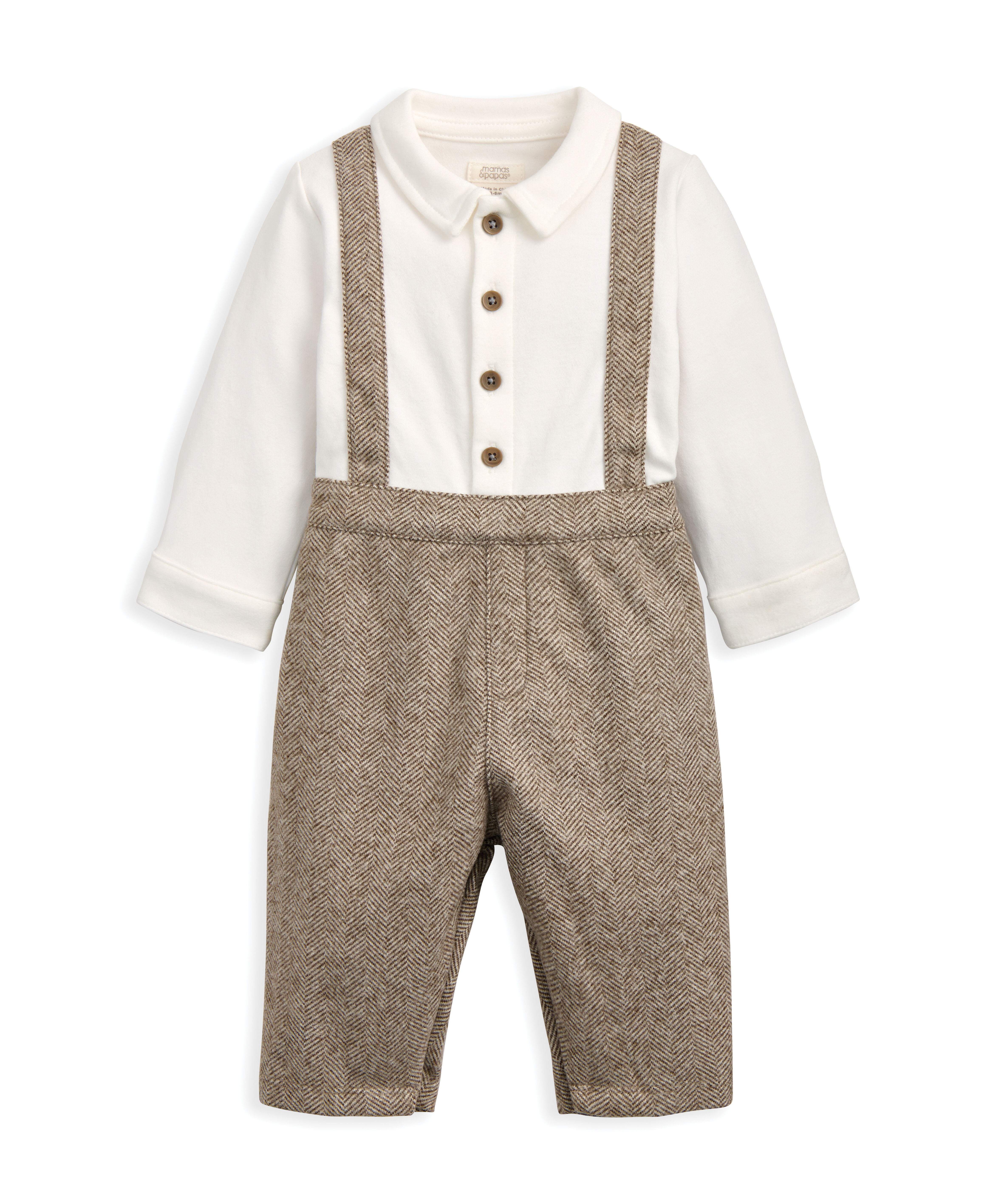 Mock Shirt & Braces Romper - Oatmeal image number 2