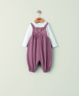 Embroidered Crinkle Jersey Dungaree - 2 Piece Set