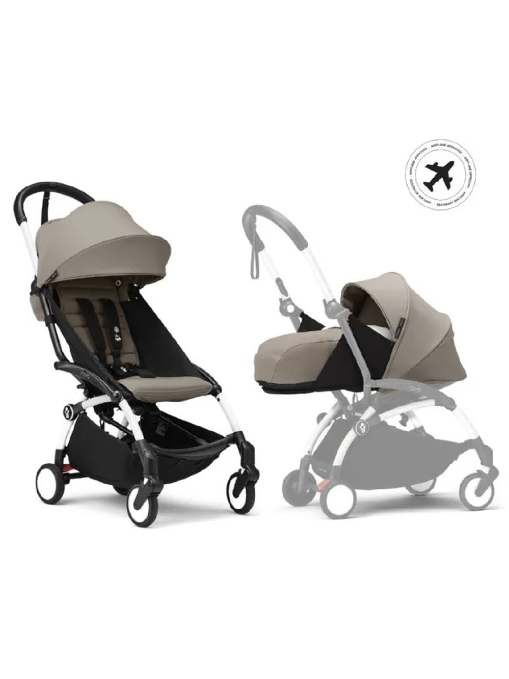Stokke YOYO3 Full Stroller with White Frame, 0+ Newborn and 6+ Color Pack - Taupe (3 pieces)
