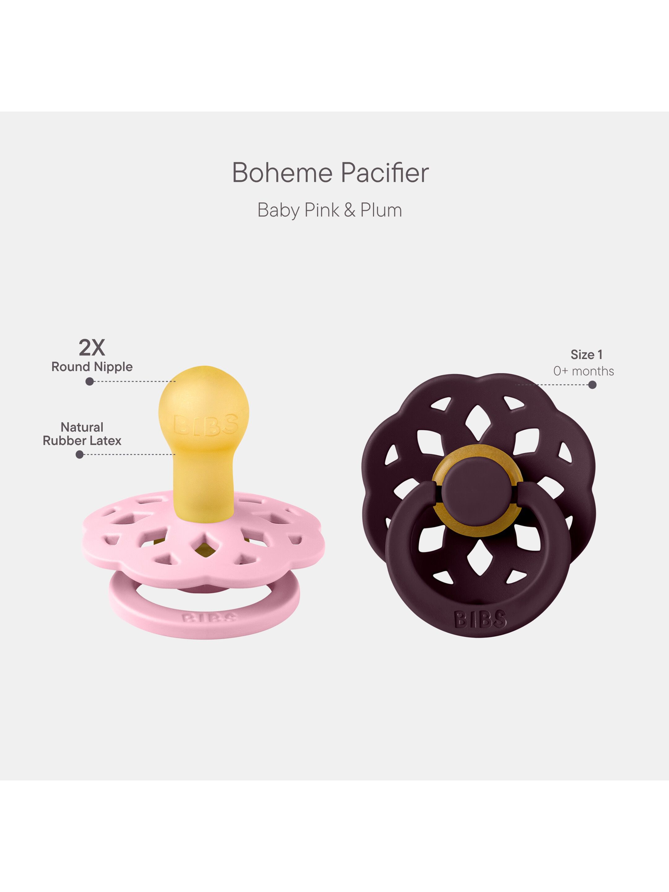 BIBS Pacifier Boheme 2 PACK Latex Size 1 Baby Pink/Plum image number 2