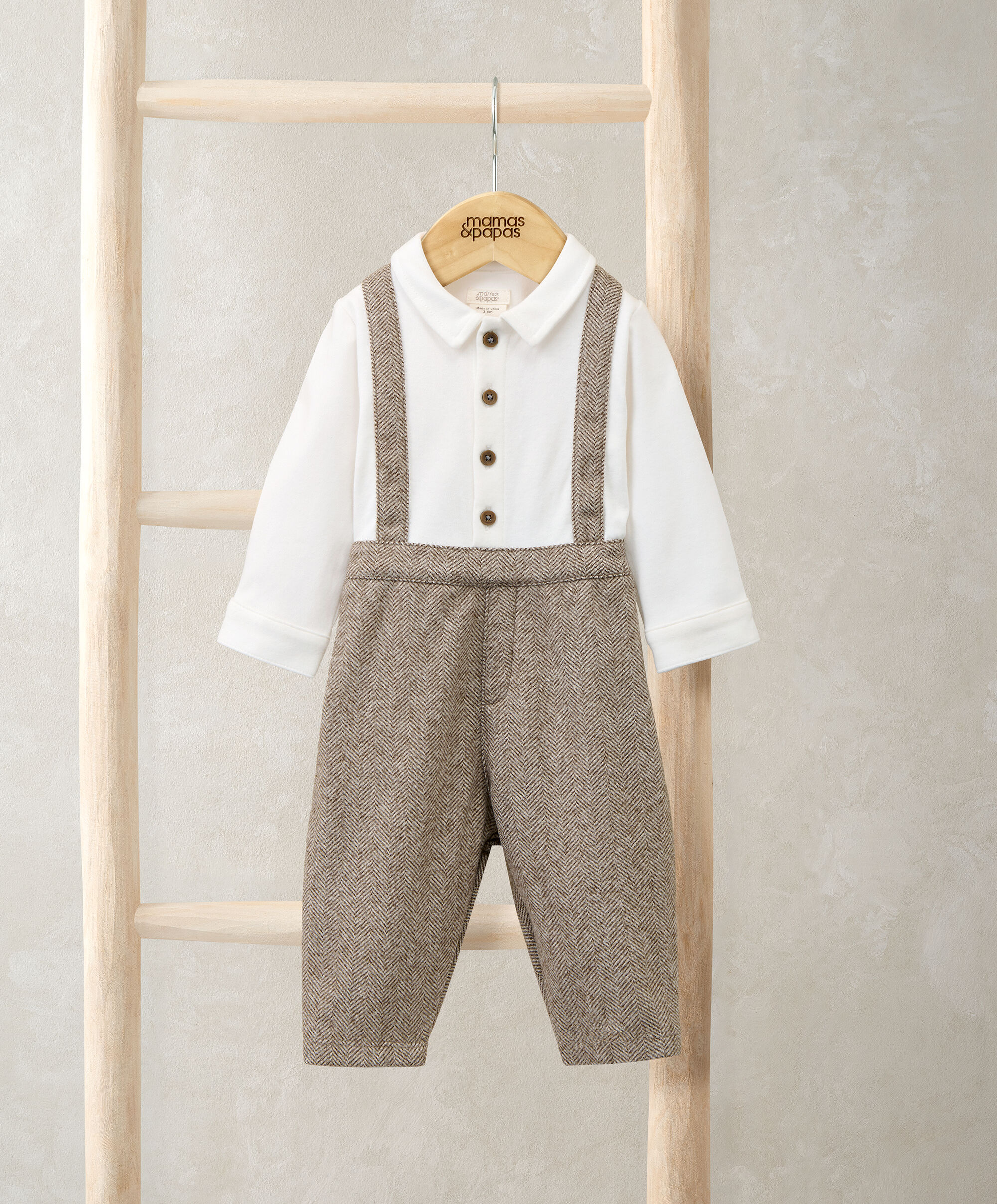 Mock Shirt & Braces Romper - Oatmeal image number 1