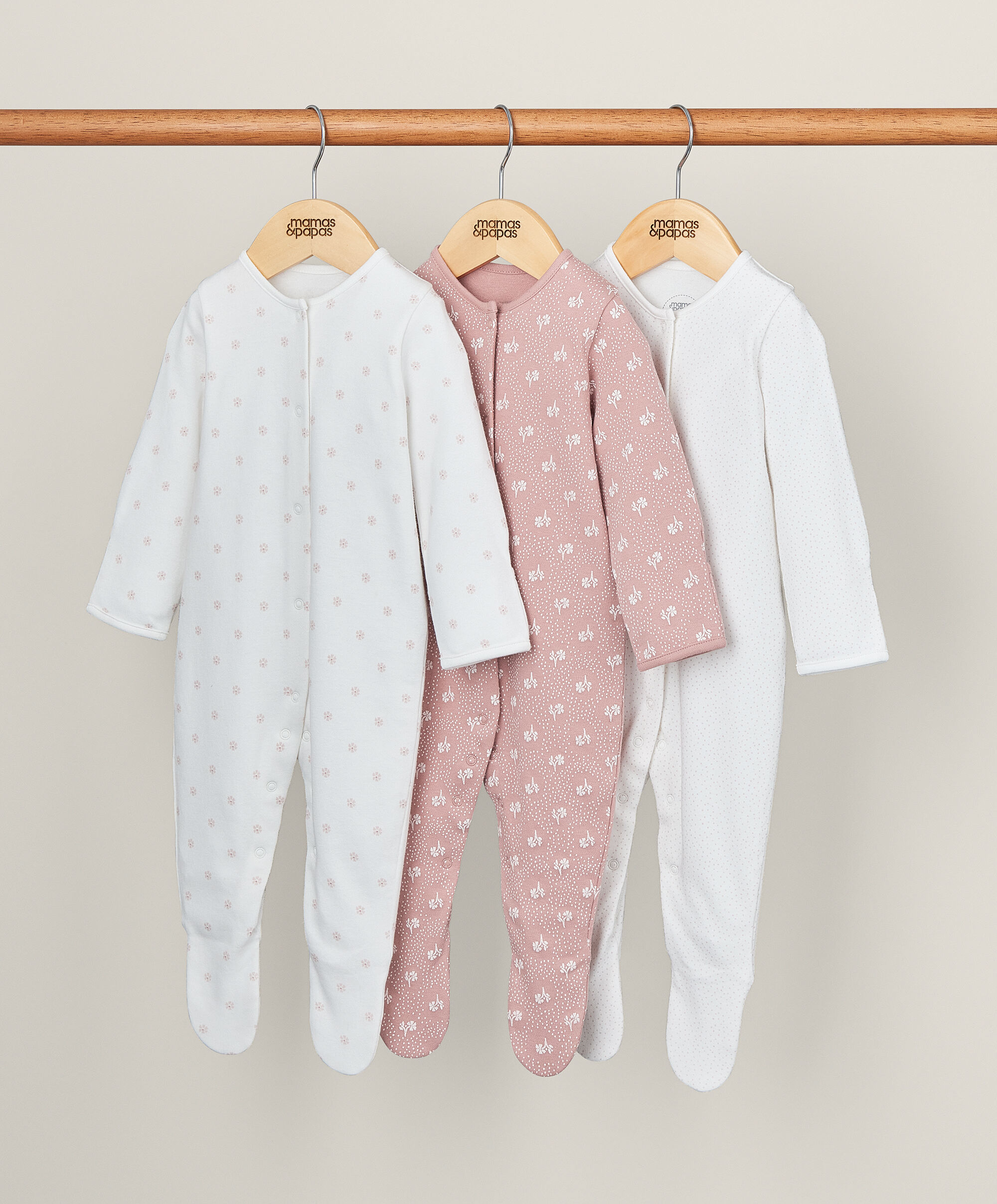 Long-Sleeved Sleepsuits (Pack of 3) - Pink