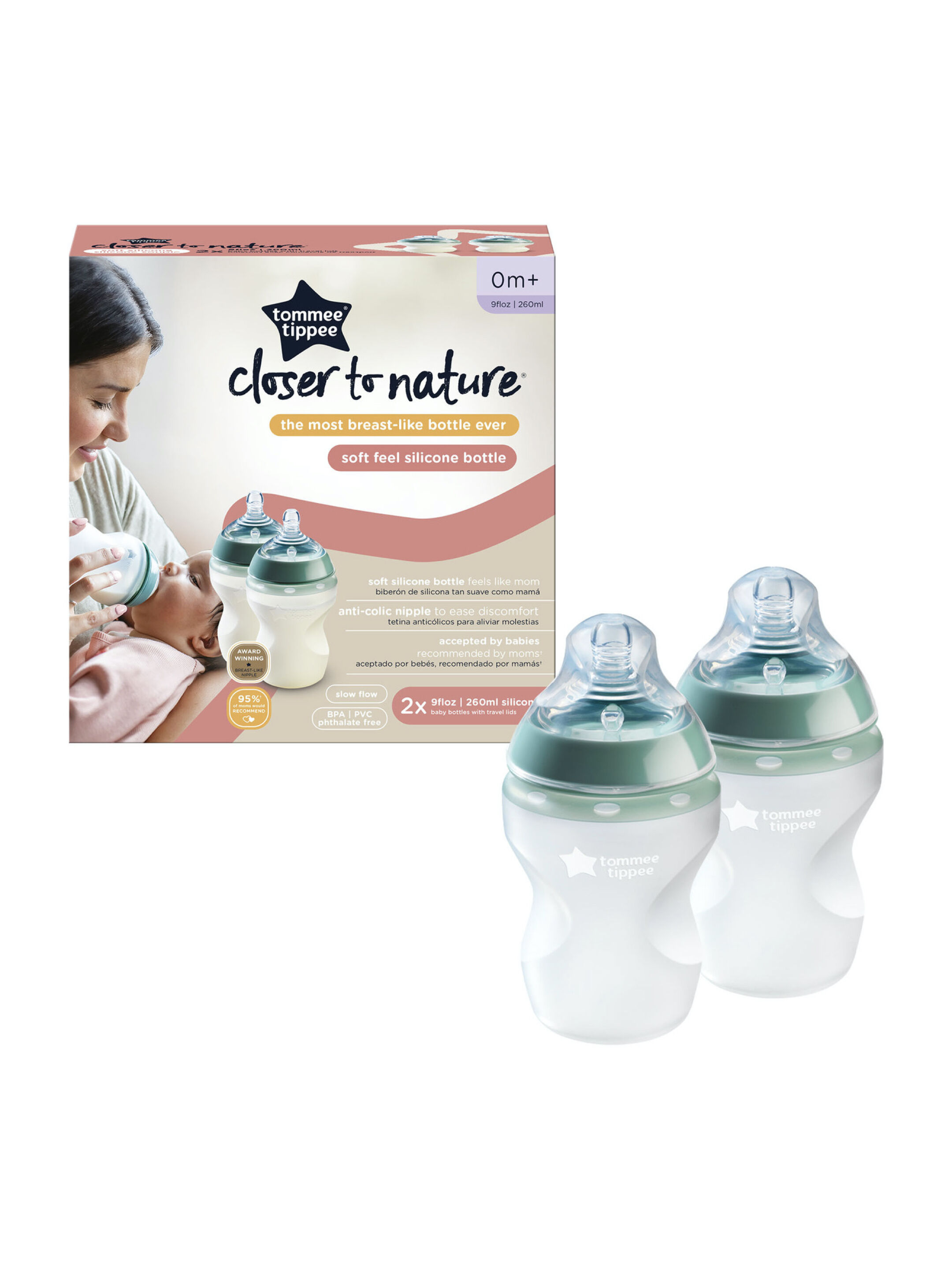 Tommee Tippee Closer to Nature Soft Feel Silicone Baby Bottles - 260ml, Pack of 2 image number 1