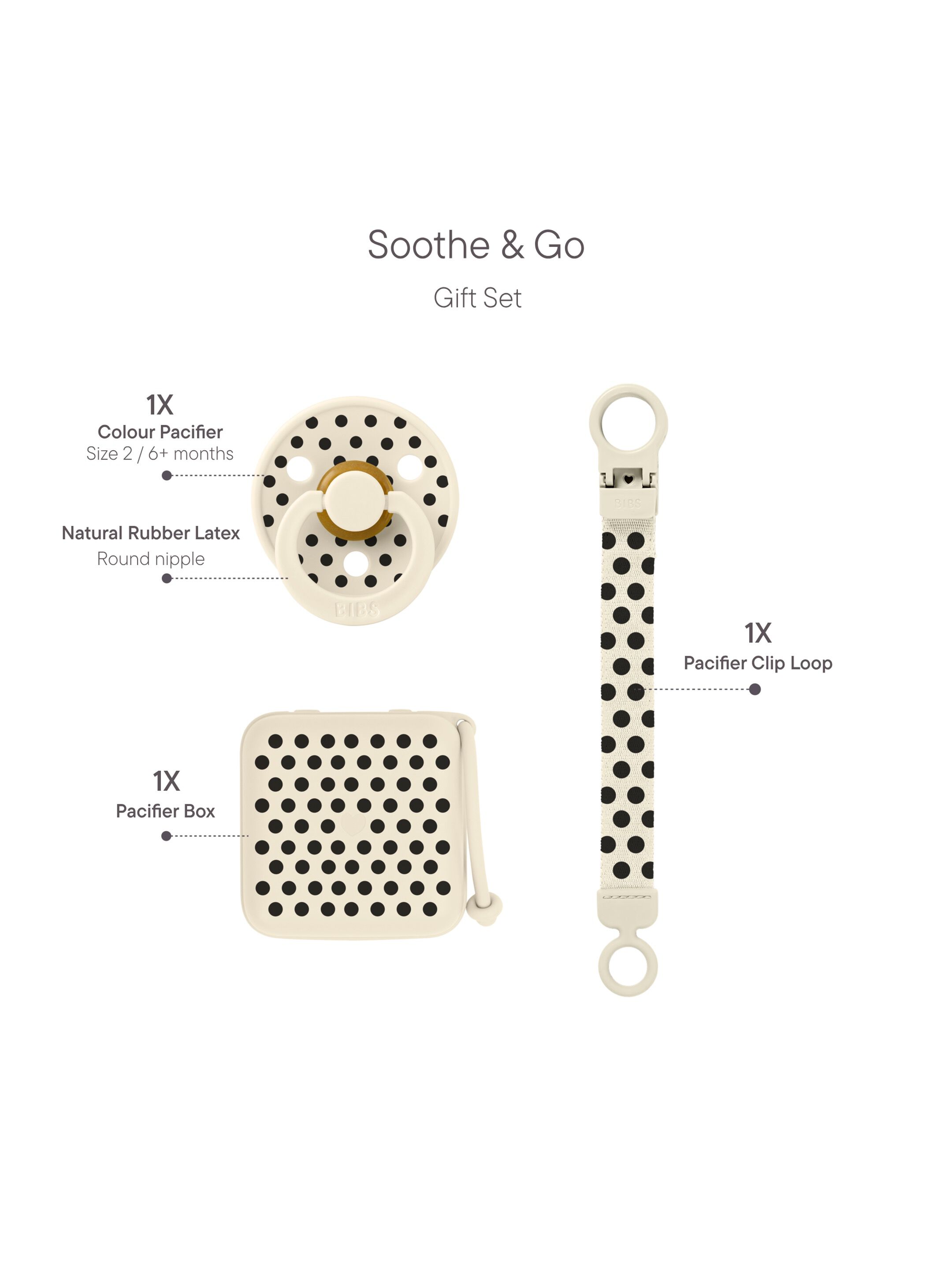 BIBS Gift Set Polka Soothe & Go Latex Size 2 Ivory Black image number 2