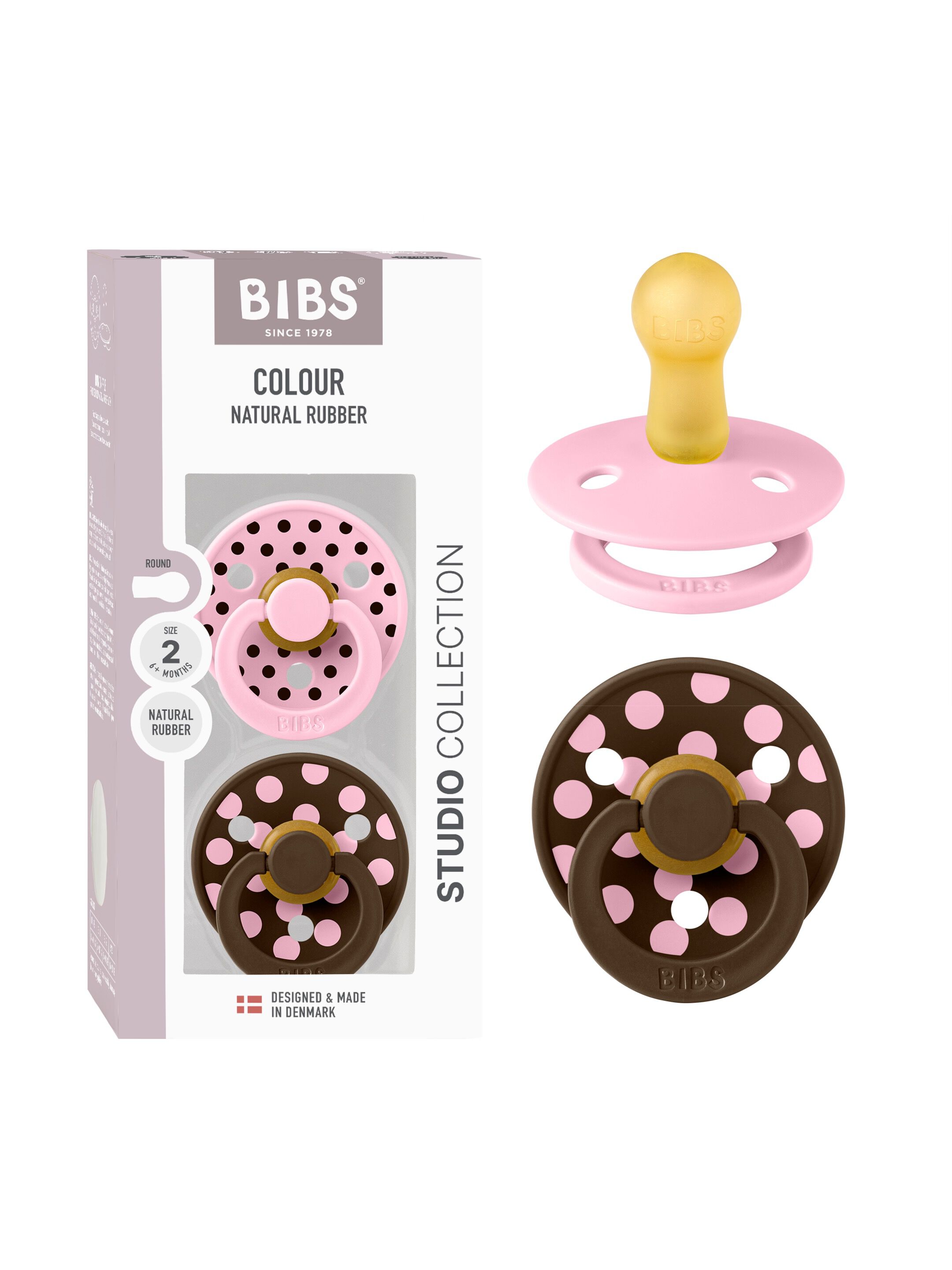BIBS Pacifier Studio Colour 2 Pack Polka Latex Size 2 Baby Pink Mocha image number 1