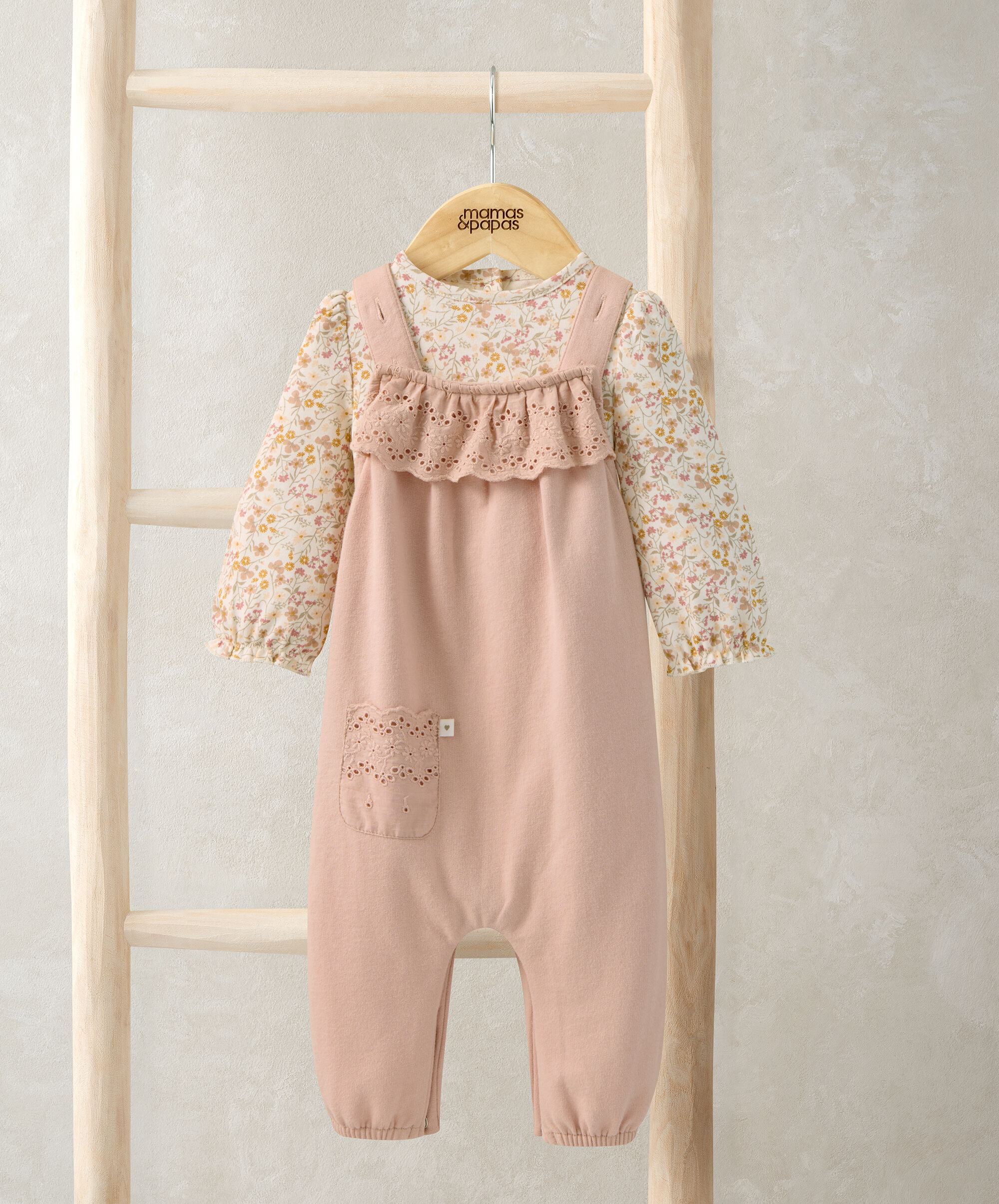 Broderie Dungarees & Bodysuit Outfit Set image number 1