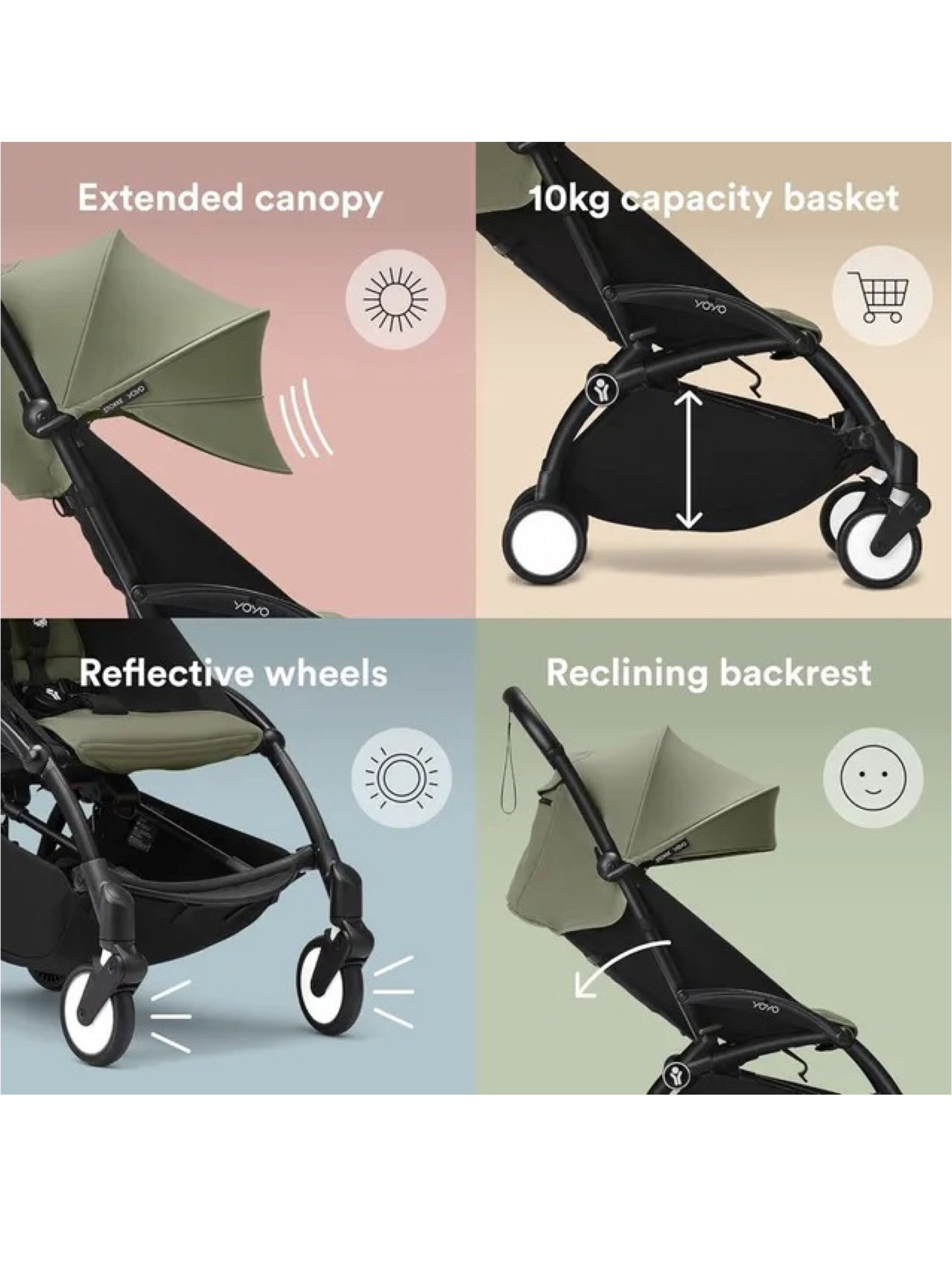 Stokke YOYO3 Full Stroller with White Frame, 0+ Newborn and 6+ Color Pack - Olive (3 pieces) image number 3