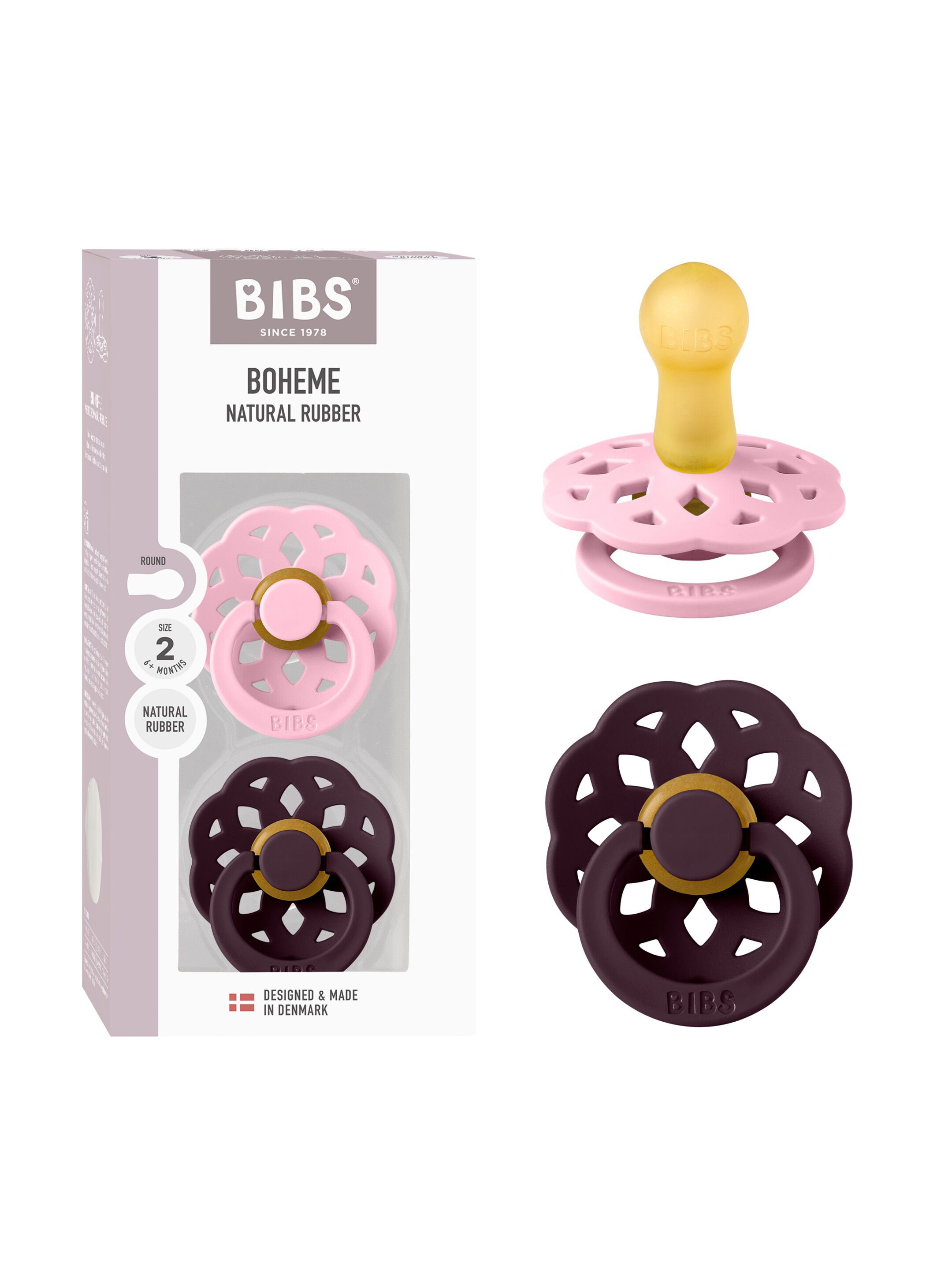 BIBS Pacifier Boheme 2 PACK Latex Size 2 Baby Pink/Plum image number 1